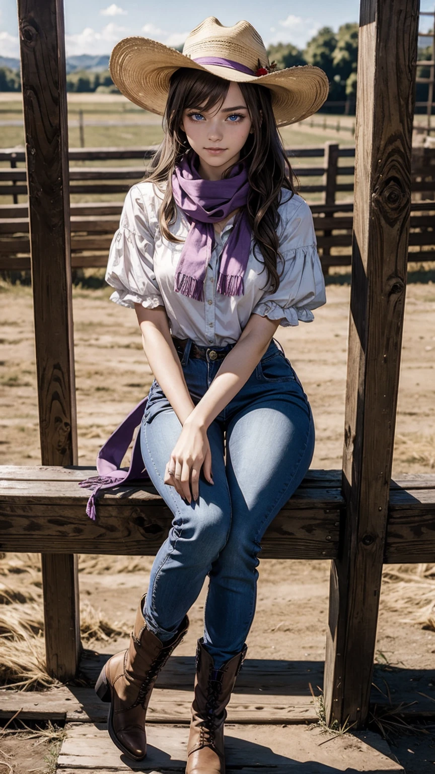 highest quality、masterpiece、ultra high resolution、24 year old white female、Hair color is brunette and purple gradation color、blue eyes、long hair、my hair is wavy、hair up style、smile、Slender but well-proportioned feminine body、wearing red nail polish、wearing a frilly blouse、wearing skinny jeans、I&#39;m wearing boots that cowboys wear.、I&#39;m punching my chest、wearing a cowboy hat、I&#39;m wearing a scarf around my neck、on a farm in america、There&#39;s a horse in the distance、I&#39;m sitting in a horse pen made of wooden sticks.
