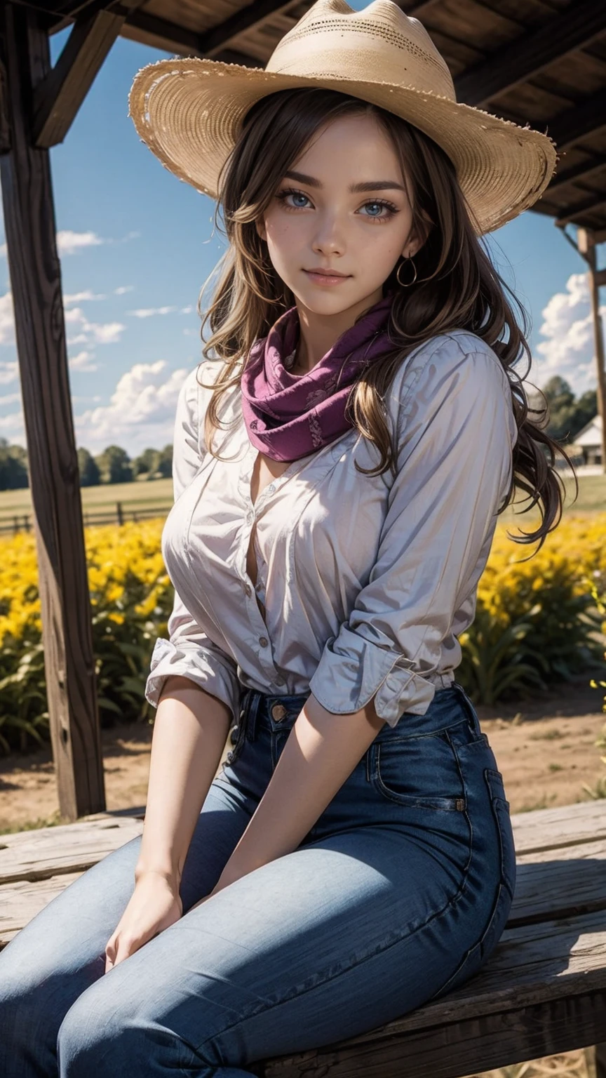 highest quality、masterpiece、ultra high resolution、24 year old white female、Hair color is brunette and purple gradation color、blue eyes、long hair、my hair is wavy、hair up style、smile、Slender but well-proportioned feminine body、wearing red nail polish、wearing a frilly blouse、wearing skinny jeans、I'm wearing boots that cowboys wear.、I'm punching my chest、wearing a cowboy hat、I'm wearing a scarf around my neck、on a farm in america、There's a horse in the distance、I'm sitting in a horse pen made of wooden sticks.