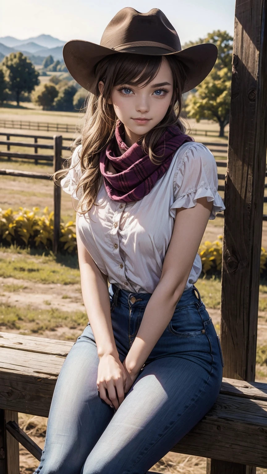highest quality、masterpiece、ultra high resolution、24 year old white female、Hair color is brunette and purple gradation color、blue eyes、long hair、my hair is wavy、hair up style、smile、Slender but well-proportioned feminine body、wearing red nail polish、wearing a frilly blouse、wearing skinny jeans、I'm wearing boots that cowboys wear.、I'm punching my chest、wearing a cowboy hat、I'm wearing a scarf around my neck、on a farm in america、There's a horse in the distance、I'm sitting in a horse pen made of wooden sticks.