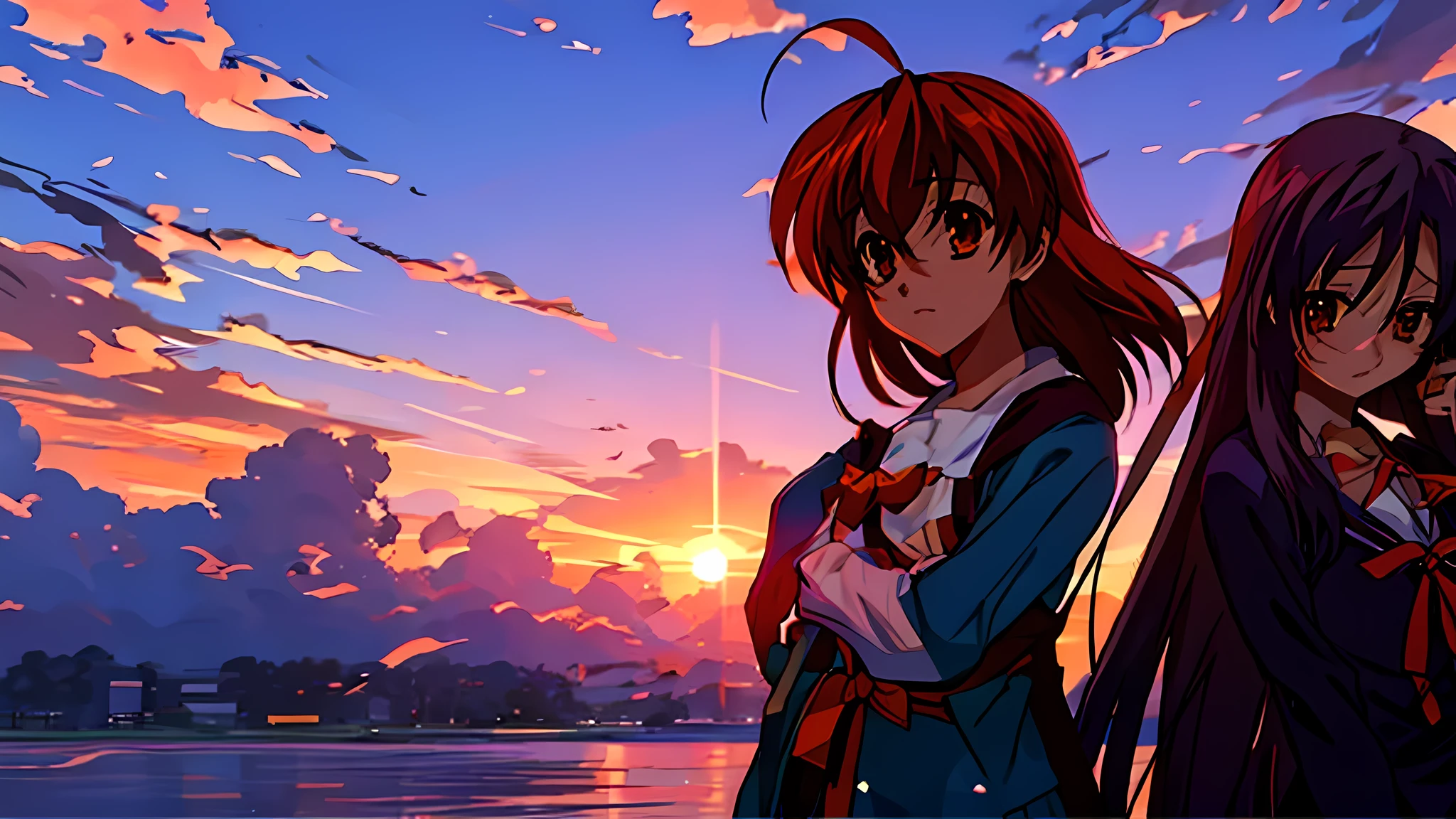 imagem de anime de duas garotas em uniformes escolares em frente a uma fogueira, iwakura deitado, close up iwakura deitado, Clannad, haruhi suzumiya, ( anime), papel de parede de anime, estilo de arte anime moe, watching the sunset. anime, Fotos A-1, Higurashi, Rumiko, High School DXD
