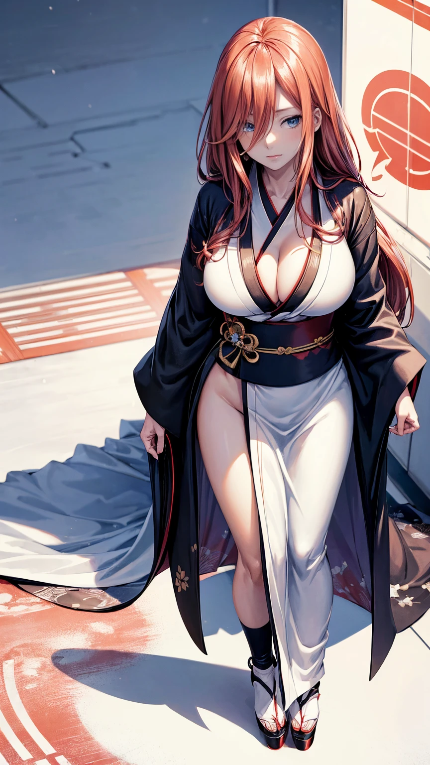 ((masterpiece, high resolution, best quality, best details, anime)), a lonely woman standing dressed as an oriental princess, ((platform high heels)), japanese clothes, long hair, red hair, blue eyes with black outline, curvy body, full body, large neckline, large breasts, wide hips, (((white background, white landscape))), ((shadow)), standing, solo, japanese accessories, japanese jewelry, sexy long loose kimono, kimono, long kimono, ((kimono with long train to the floor)), miku nakano, long hair, blue eyes, brown hair, hair between eyes, (((standing))),