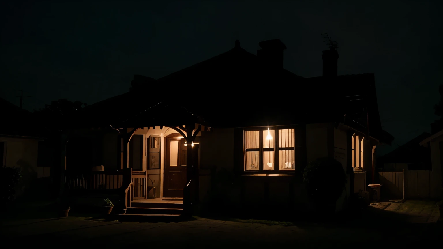 An image of Maria's house at midnight, with thick shadows and dim light emanating from a single lit window.