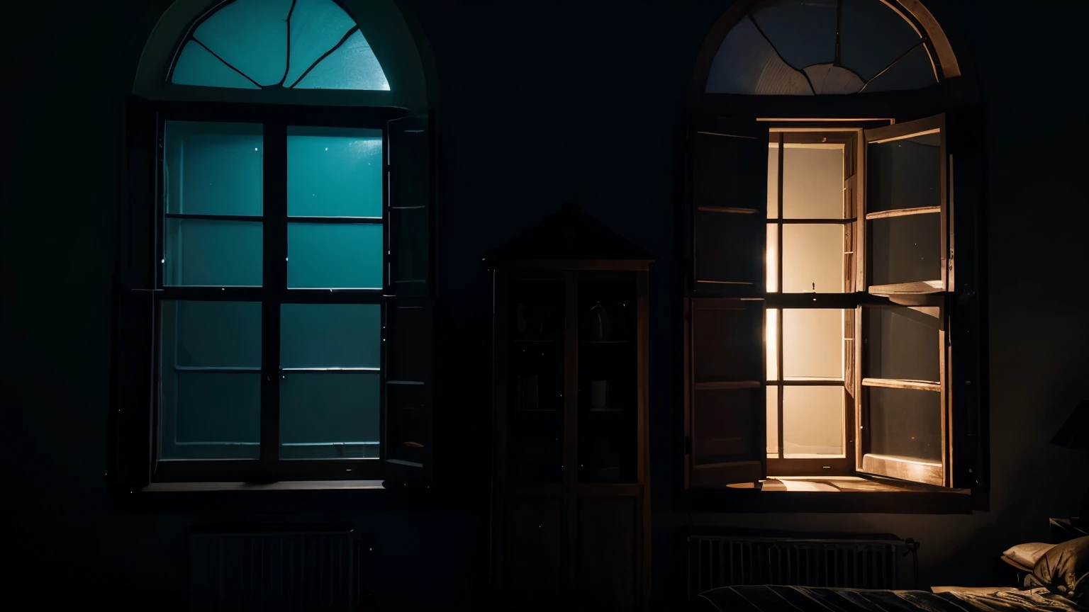 An image of Maria's house at midnight, with thick shadows and dim light emanating from a single lit window.
