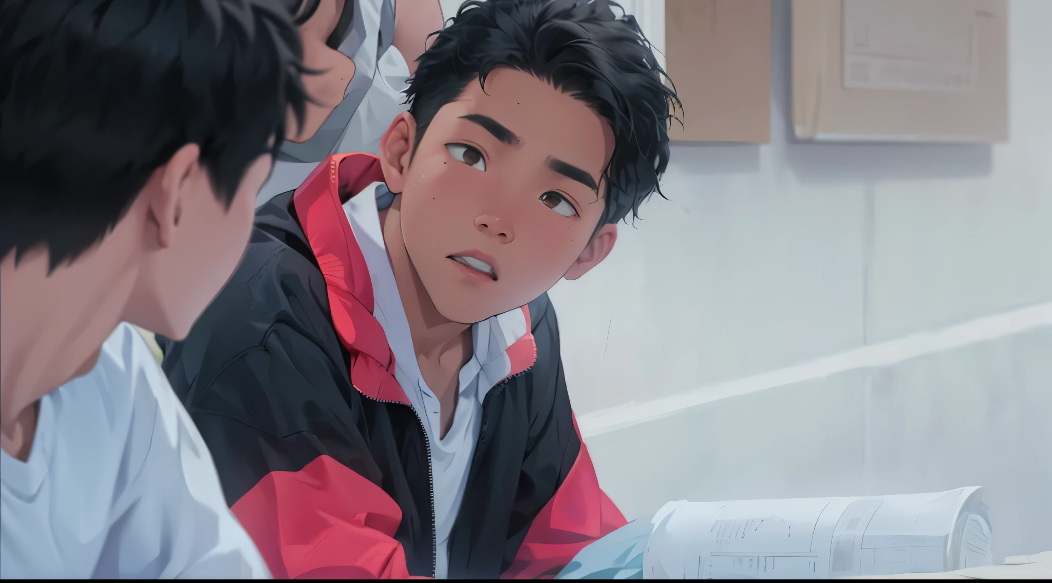 There are two 14-year-old boys, one sitting next to the other, looking at him, talking to him to calm him down.