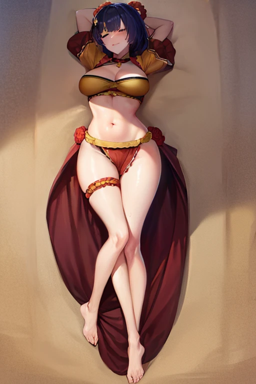 masterpiece, high resolution, best quality, beautiful art, rendered art, well formed hands, body and fingers, 1 woman, solo, Xiangling (30 years old), grown up, adult, big breasted, wearing a Mata Hari outfit, sexy and skimpy arabian outfit, sexy belly dancer,alluring body, full body, gorgeous legs, hips and thighs, ryona, in peril, defeated,knocked out, unconscious, closed eyes, lying down on the sand, passed out, exhausted, breathing heavily, sweating, sexy defeated pose, extended exposed full body, bouncing breasts, sexy smirk on her face, defeat and KO scene, beach background