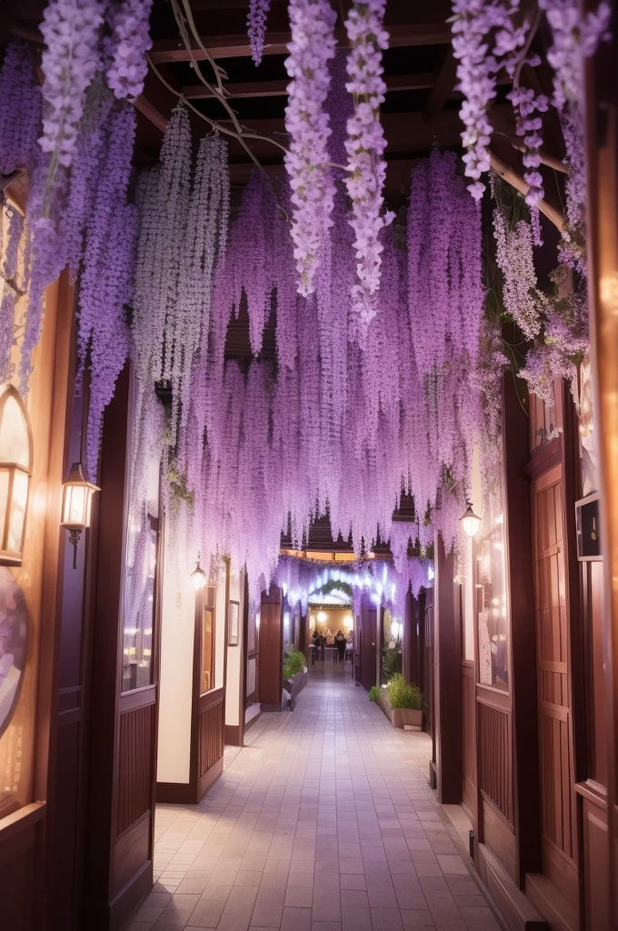 In the dreamlike exhibition, a wisteria vine steeped in pastel colors blooms, its delicate blossoms shimmering under the surreal lighting. The serene atmosphere is infused with a vintage vibe and retro aesthetic, as neon signs flicker in the background. The detailed blossoms exude an ethereal beauty and mystical charm, with flowing shapes that seem to defy gravity.
The scene is a peaceful setting of a Japanese garden, where the wisteria vine climbs up a cybernetic structure, adding a futuristic twist to its traditional form. The dreamy lighting casts soft focus on the petals, creating a soothing purples hue that permeates