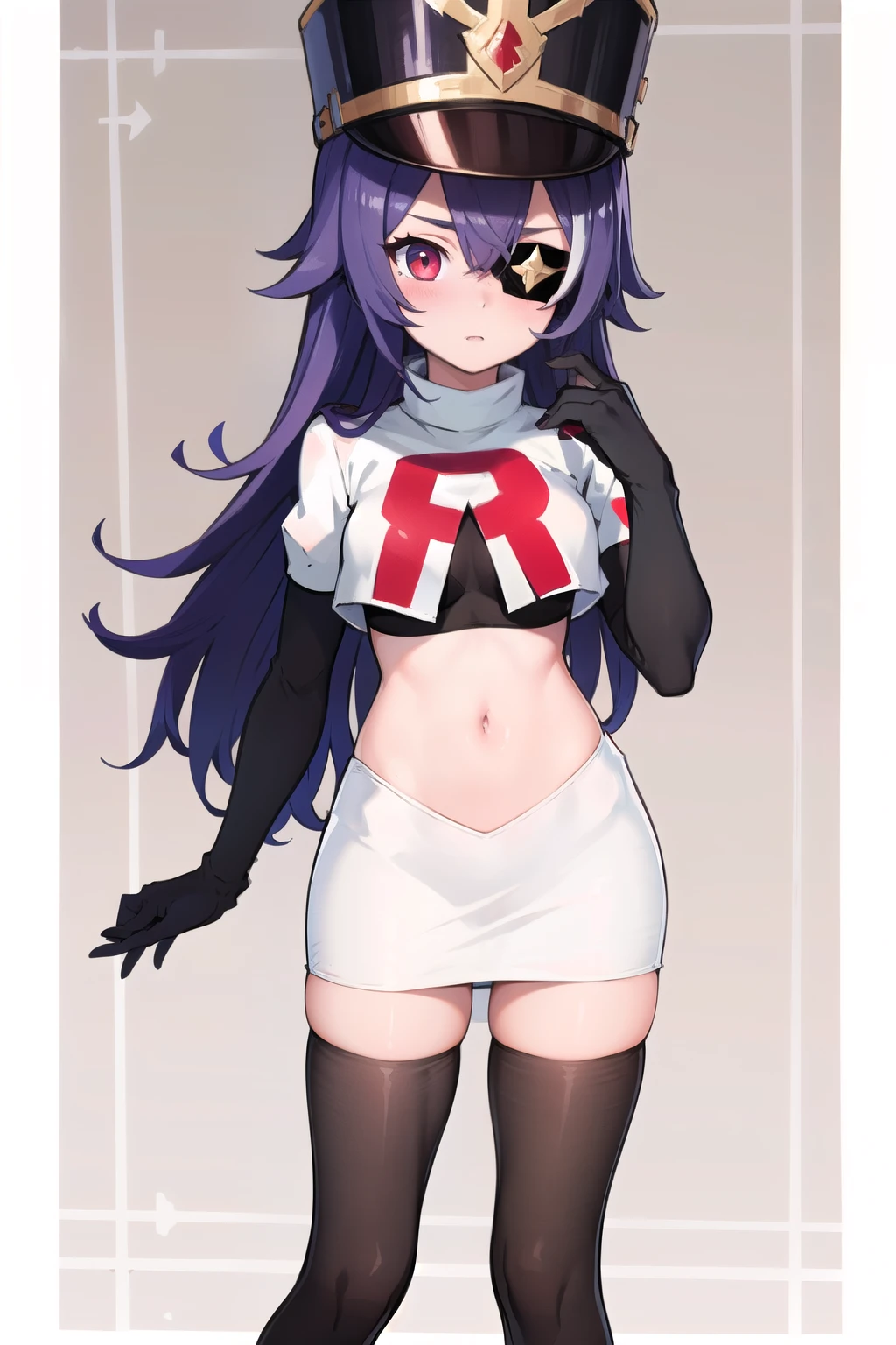 ((masterpiece,best quality)), 1girl, chevreuse, shako cap, eyepatch, blush, team rocket,team rocket uniform,white skirt,red letter R,crop top,black thigh-highs,black elbow gloves