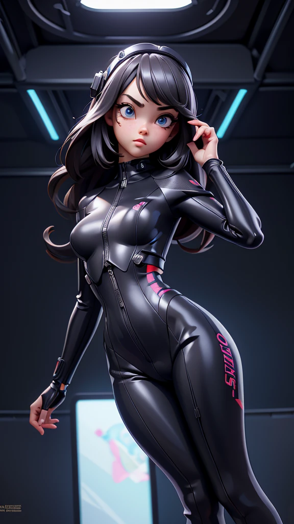 best quality, masterpiece, symmetric highly detailed eyes, girl, highly detailed background,  trending on (artstation:1.46), hyperrealistic, cinematic lighting, studio quality, 8k resolution, masterpiece, in the style of Pixar, wearing futuristic latex jumpsuit