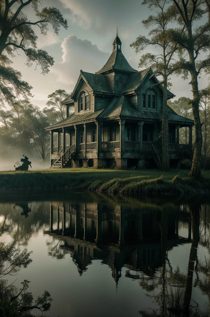 Eerie Places: An amphibian lurks in the swamp, (best quality: 4k, 8k, highres, masterpiece: 1.2), ultra-detailed and photo-realistic image. The horrifying scene unfolds in a moonlit forest, where the eerie atmosphere is heightened by the dense vegetation and the ominous fog. The abandoned mansion in the background exudes a haunting aura, with the reflection of the misty water adding to the haunting scene. The amphibian's vivid colors stand out against the murky water, its big eyes reflecting the eerie lighting. The swamp water is still, creating a