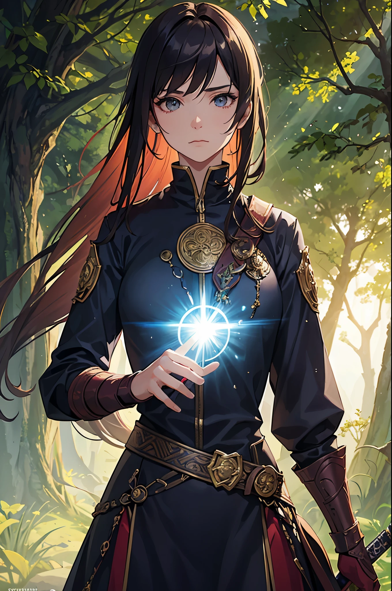 A warrior woman with flowing hair and intense gaze, wielding a gleaming sword, engaged in an intense battle with her own radiant clone. The scene is set in a mystical forest, with ancient trees towering in the background. Leaves swirl around them, signaling the powerful magic at play. The warrior's armor is intricately detailed, reflecting her strength and resilience. Both her and her clone are surrounded by an ethereal glow, enhancing the epic nature of the fight. The colors are vivid and vibrant, adding to the intensity of the scene. The lighting is dramatic, with rays of sunlight piercing through the canopy, casting dynamic shadows on the ground. The overall image quality is of the highest caliber, featuring ultra-detailed rendering and a photorealistic style. This masterpiece of digital art captures the clash between bravery and self-reflection, showcasing the internal struggle of the warrior woman in mesmerizing detail.