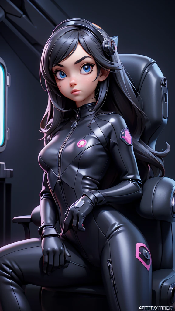 best quality, masterpiece, symmetric highly detailed eyes, girl, highly detailed background,  trending on (artstation:1.46), hyperrealistic, cinematic lighting, studio quality, 8k resolution, masterpiece, in the style of Pixar, wearing futuristic latex jumpsuit, sitting in spaceship captain chair