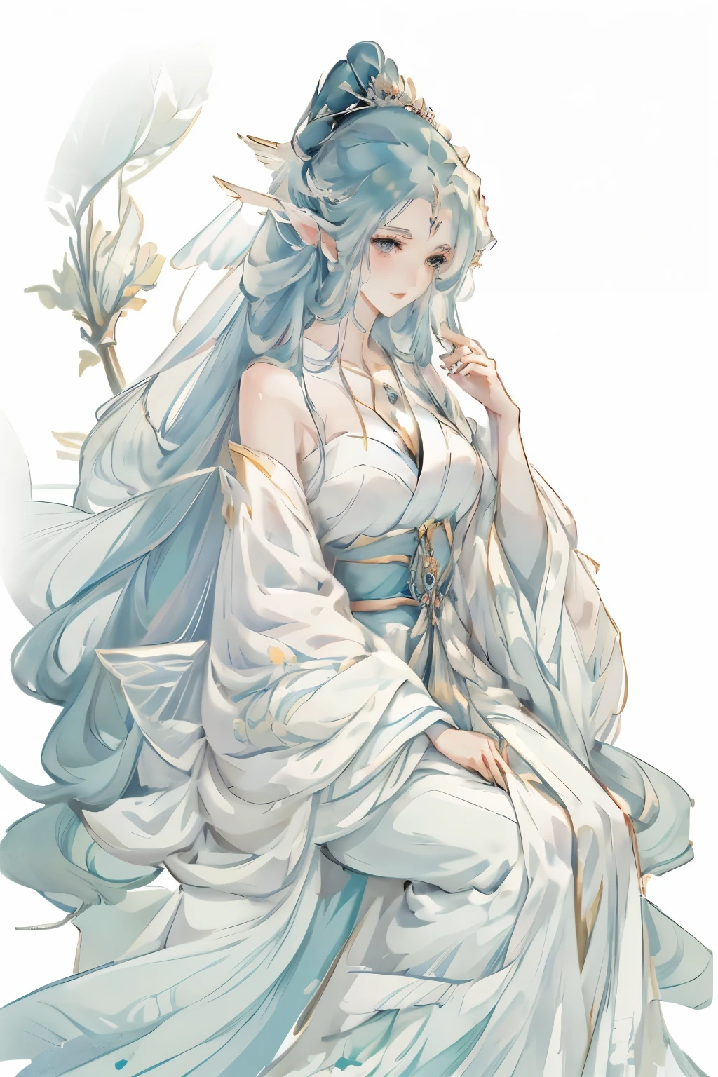 wearing blue clothes、Long-haired anime girl wearing a crown, ((beautiful fantasy queen beautiful fantasy queen, beautiful figure painting, ethereal beauty, Beautiful anime woman, fantasy art style, Beautiful anime style, Beautiful fantasy anime, A beautiful anime portrait, anime goddess, beautiful anime girl, Beautiful and elegant elf queen, ethereal fantasy, palace , A girl wearing Hanfu