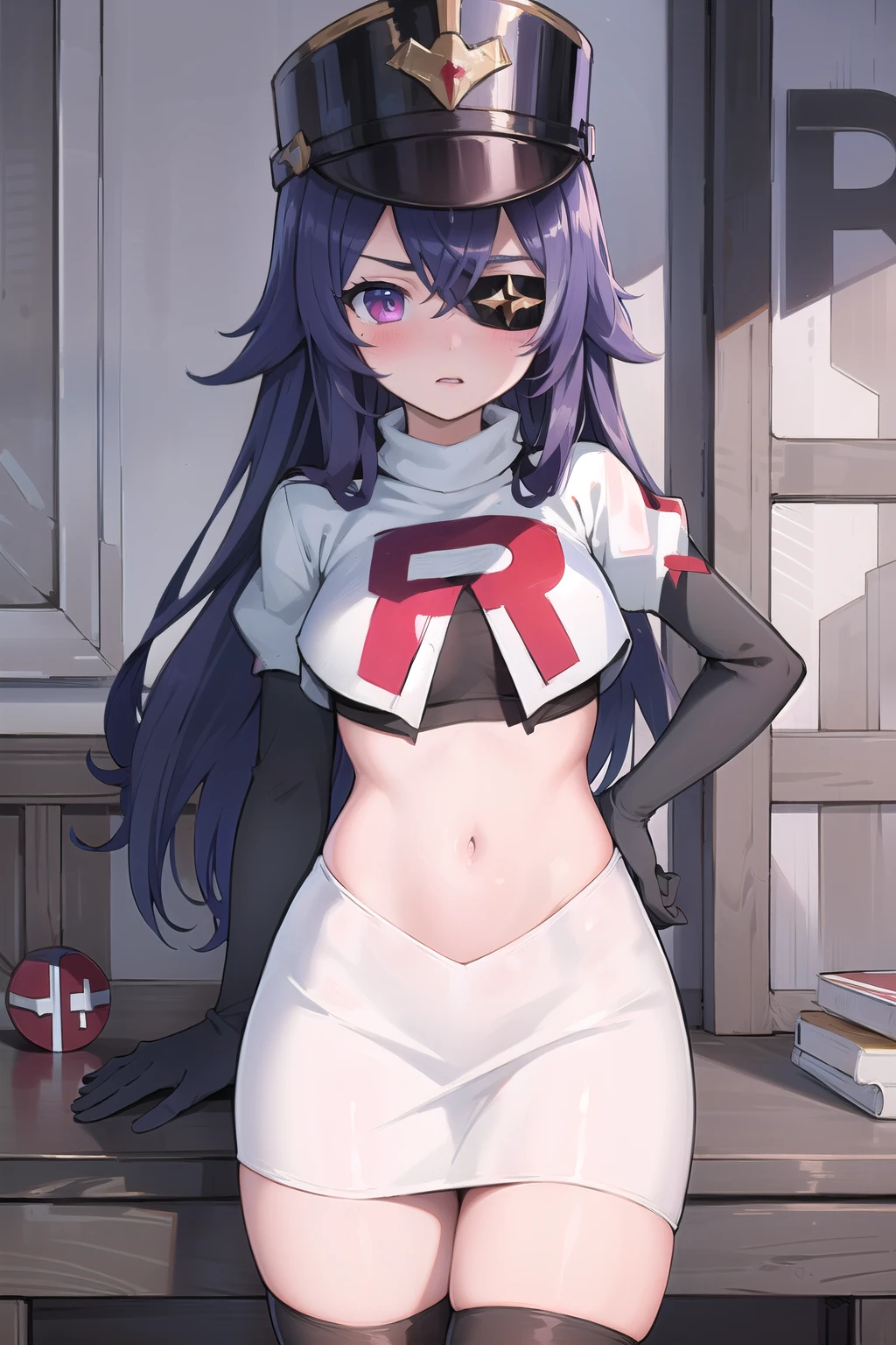 ((masterpiece,best quality)), 1girl, chevreuse, shako cap, eyepatch, blush, team rocket,team rocket uniform,white skirt,red letter R,crop top,black thigh-highs,black elbow gloves