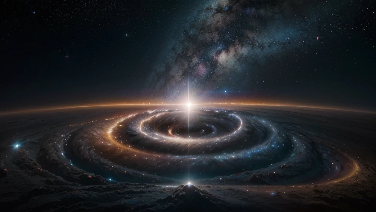 A vast stellar landscape unfolds before your eyes, with majestic spiral galaxies, nebulosas coloridas e estrelas brilhantes que pontilham o cosmos. No centro da imagem, a massive black hole exerts its powerful gravitational pull, distorting spacetime around you. Planetas distantes, with exotic and lunar landscapes, complete this dazzling view of the universe, where the vastness of space meets cosmic beauty