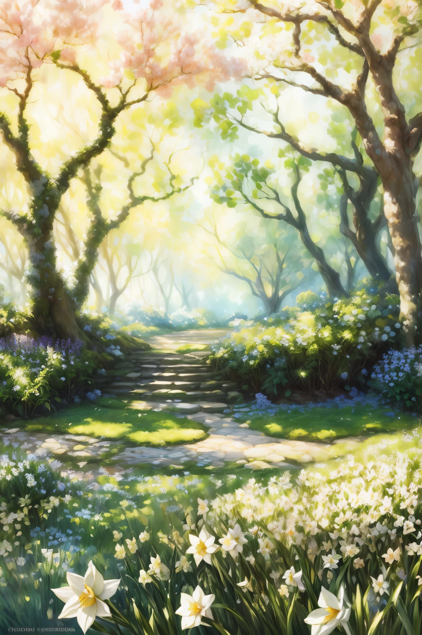 (beautiful detailed petals,narcissus bushes:1.1),(lush greenery,refreshing atmosphere),(soft sunlight filtering through the branches),(impressionistic painting style),(subtle pastel color palette),(dream-like, ethereal ambiance)