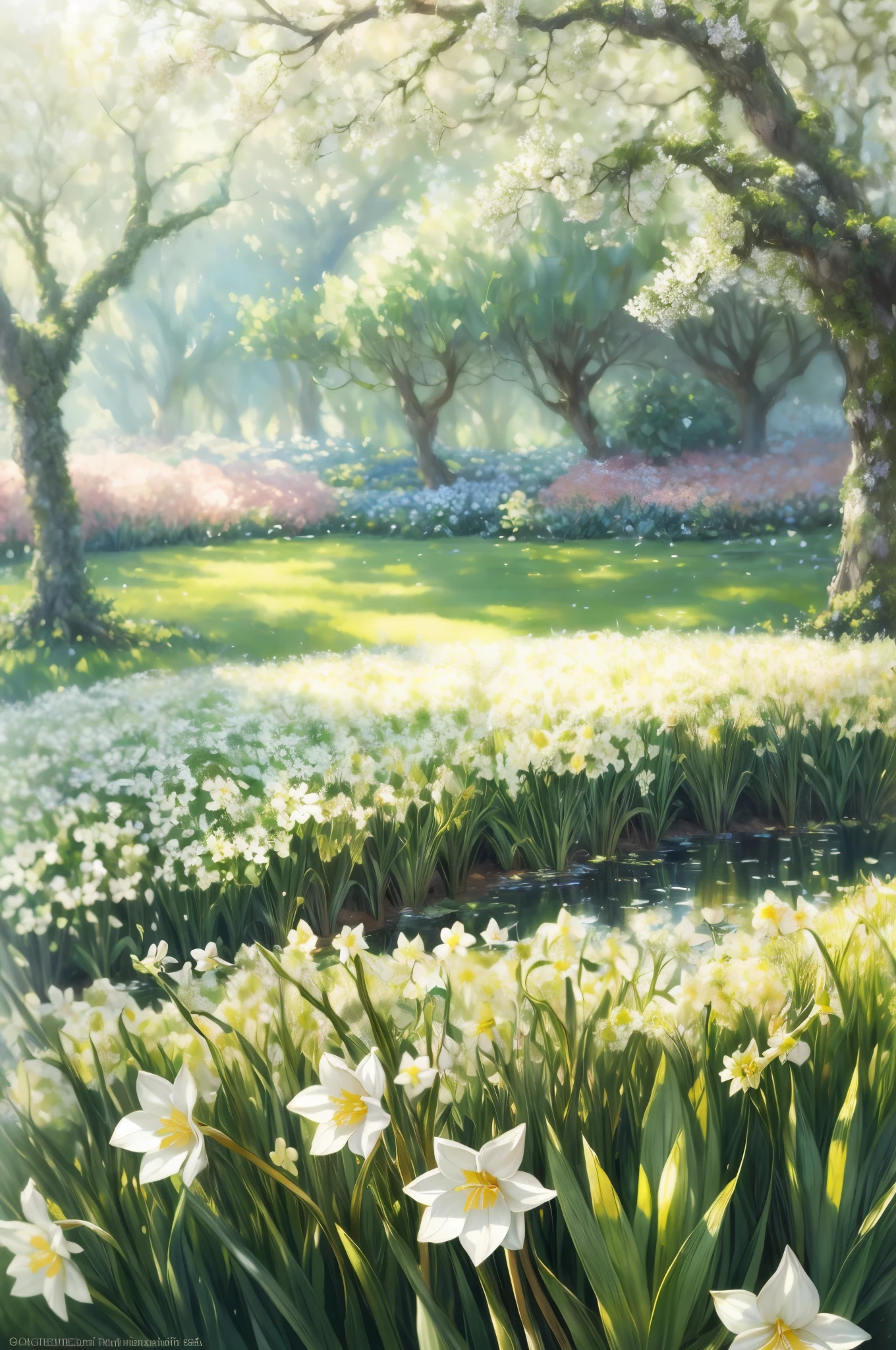 (beautiful detailed petals,narcissus bushes:1.1),(lush greenery,refreshing atmosphere),(soft sunlight filtering through the branches),(impressionistic painting style),(subtle pastel color palette),(dream-like, ethereal ambiance)