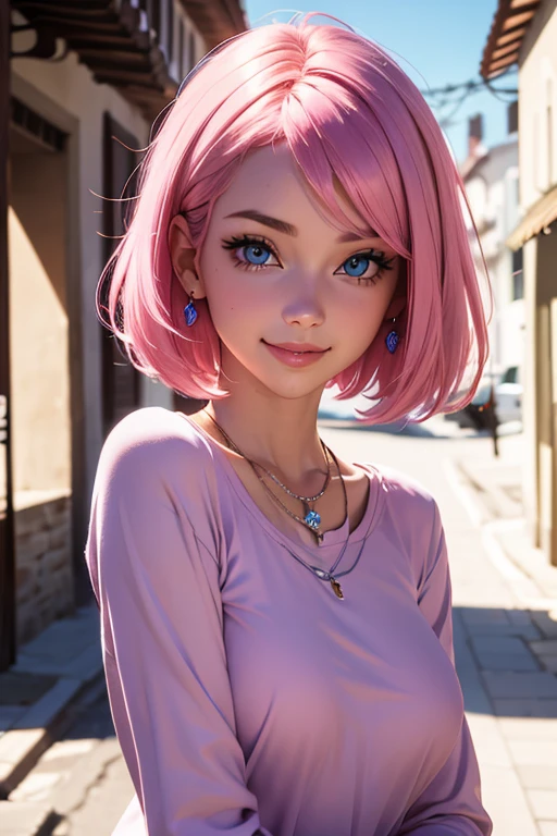 beatiful women, eyes blue, expressive eyes, looking at viewer, long sleeves, necklace, sexi smile, short pink hair, pretty face, latina facial features, medium breasts