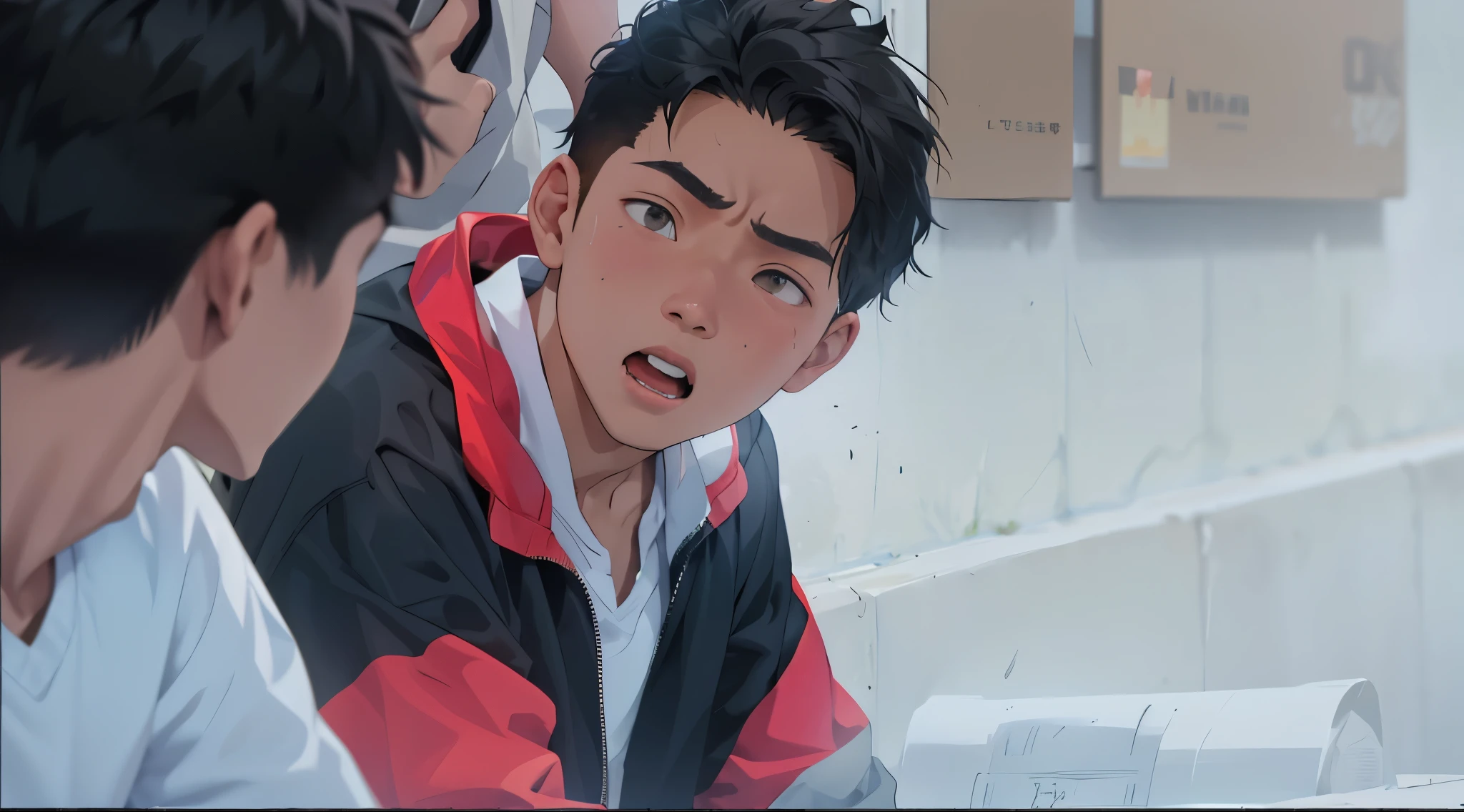 He yells at his friend, he is yelling at him. There are two 15-year-old boys, one sitting next to the other, looking at him. He talks to him to calm him down. He tells him not to fight.