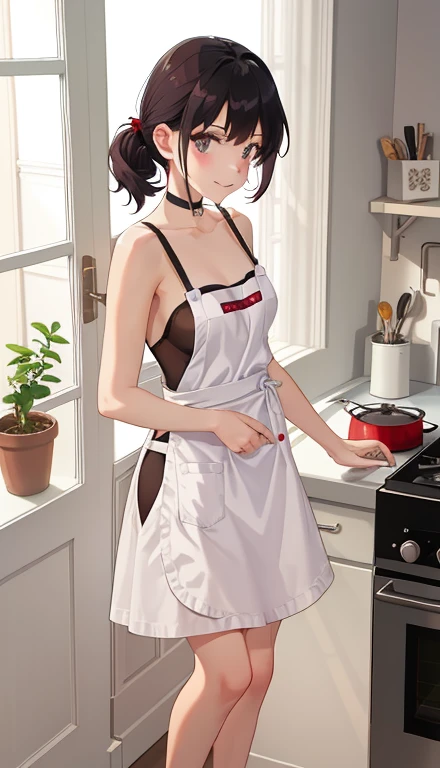 1 girl、laughter、Cooking in your room、barefoot、, Wearing only a small apron、Simple apron, Apron with simple design, tight apron, (white apron), One Piece Apron, Cover only the front, bare bottom, small breasts, black choker,Not wearing clothes、embarrassing