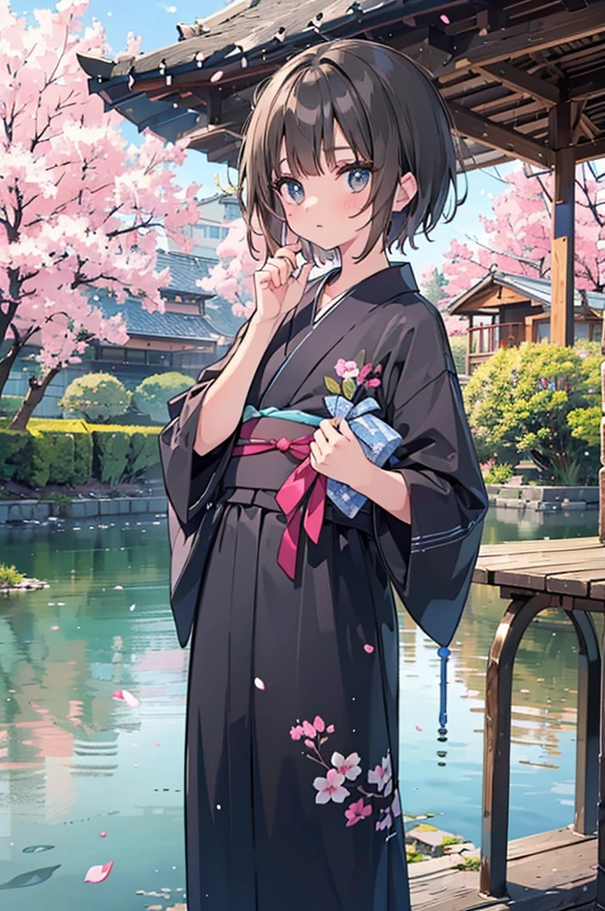 Black hair, blue mesh, androgynous, baby face, yukata, boy, handsome young man, whole body, lake, cherry blossoms