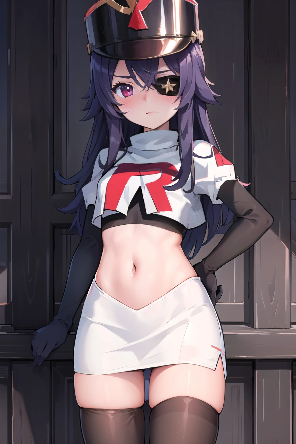 ((masterpiece,best quality)), 1girl, chevreuse, shako cap, eyepatch, blush, team rocket,team rocket uniform,white skirt,red letter R,crop top,black thigh-highs,black elbow gloves