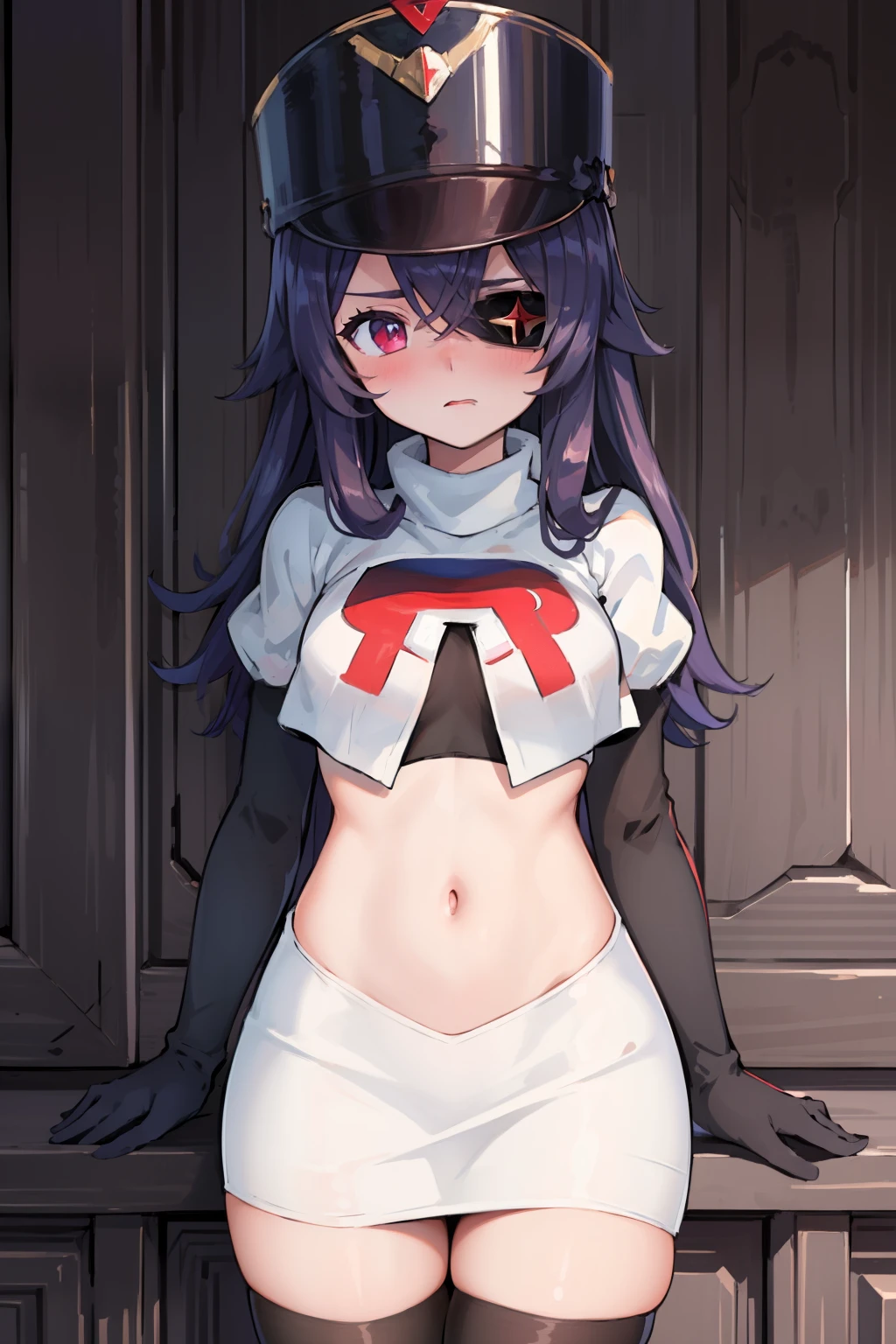 ((masterpiece,best quality)), 1girl, chevreuse, shako cap, eyepatch, blush, team rocket,team rocket uniform,white skirt,red letter R,crop top,black thigh-highs,black elbow gloves