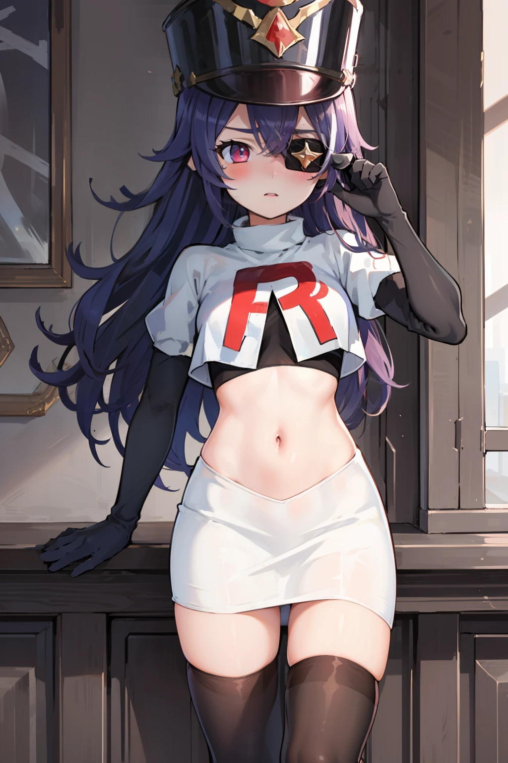 ((masterpiece,best quality)), 1girl, chevreuse, shako cap, eyepatch, blush, team rocket,team rocket uniform,white skirt,red letter R,crop top,black thigh-highs,black elbow gloves