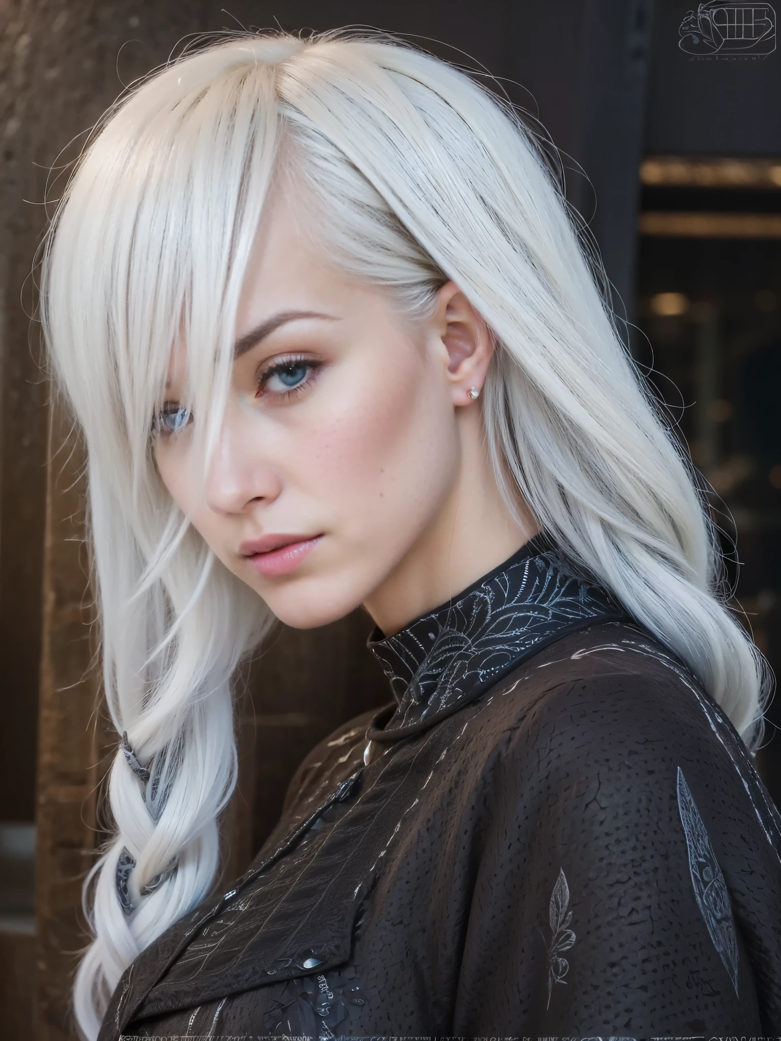 a close up of a woman with white hair and blue eyes, tifa lockhart with white hair, perfect white haired girl, girl with white hair, silver hair girl, girl silver hair, white haired, white haired lady, photorealistic anime girl render, cyborg - girl with silver hair, 8k portrait render, white-hair pretty face, silver haired, 8k portrait, detailed intricate fabric texture, (charcoal black theme:1.3), spiral patterns, body freckles, bright, high quality image, masterpiece, detailed hair texture, detailed skin texture, detailed cloth texture, 8k, add fabric details, ultra detailed skin texture, ultra detailed photo, skin pores, cloth details, high skin details, realistic hair details, (8K, RAW photo, best quality, masterpiece:1.2), (realistic, photo-realistic:1.4), ultra-detailed (grainy:0.2)