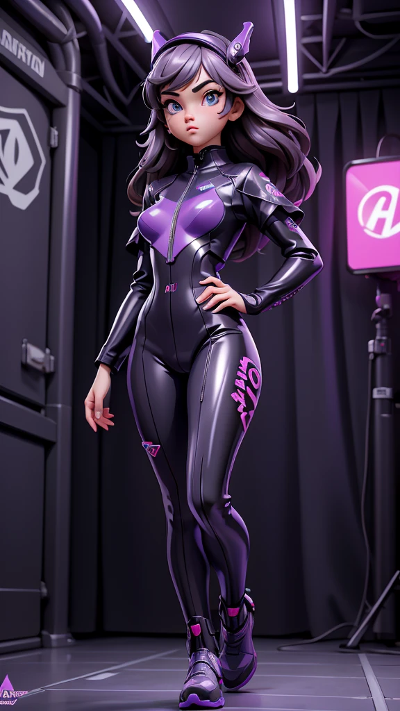 best quality, masterpiece, symmetric highly detailed eyes, girl, highly detailed background,  trending on (artstation:1.46), hyperrealistic, cinematic lighting, studio quality, 8k resolution, masterpiece, in the style of Pixar, wearing futuristic latex jumpsuit, walking down a neon purple corridor