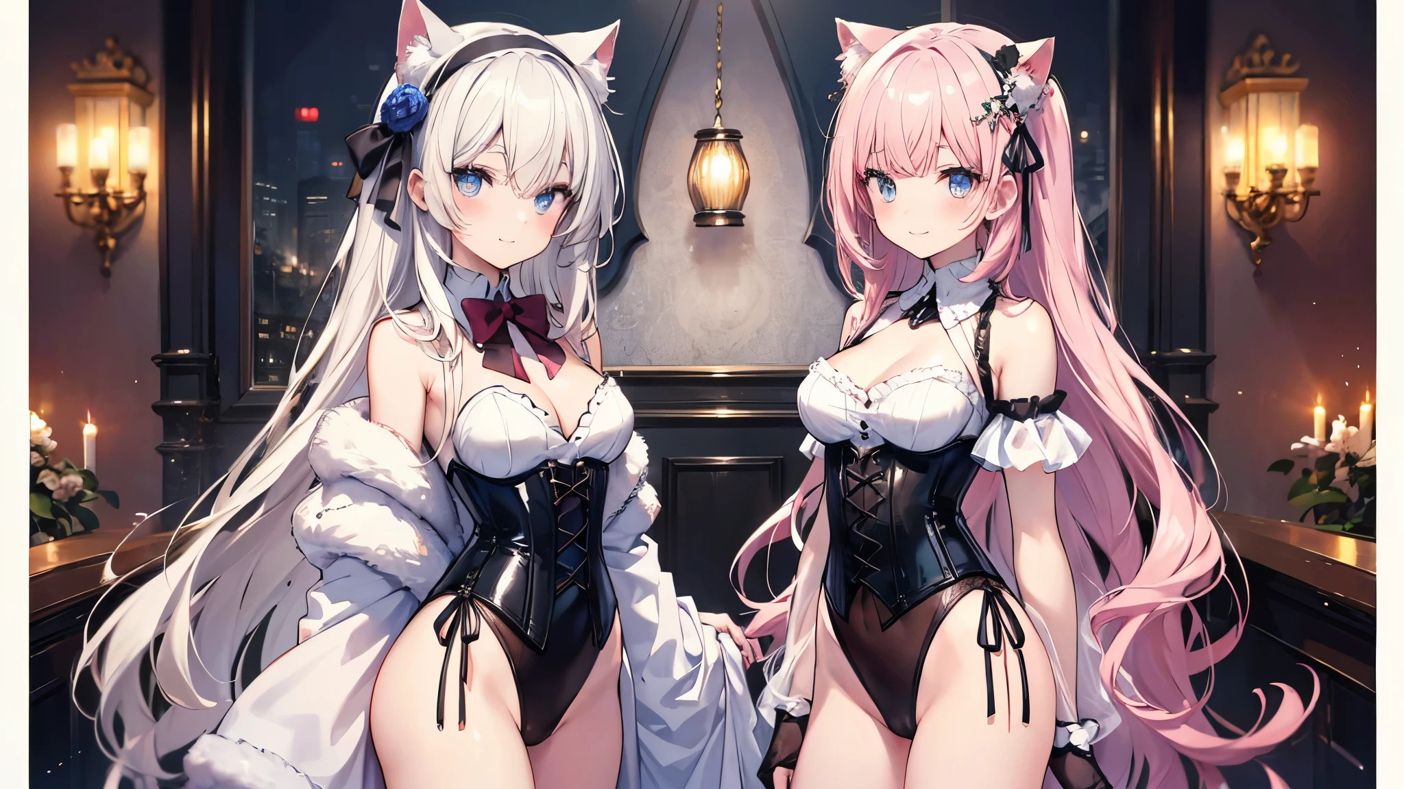 ((masterpiece、8k、highest quality、perfect fingers: 1.3、perfect anatomy: 1.3、background blur))、(transformation sequence)、 (Super delicate look:1.5)、((The two girls are posing symmetrically))、((、small face、Slender beautiful girl、Cat ear、Cute eyes、 up long straight hair、blushing shy smile))、((butler style leotard:1.1、corset、beautifully decorated headband))、standing position、full body display、aristocratic mansion、