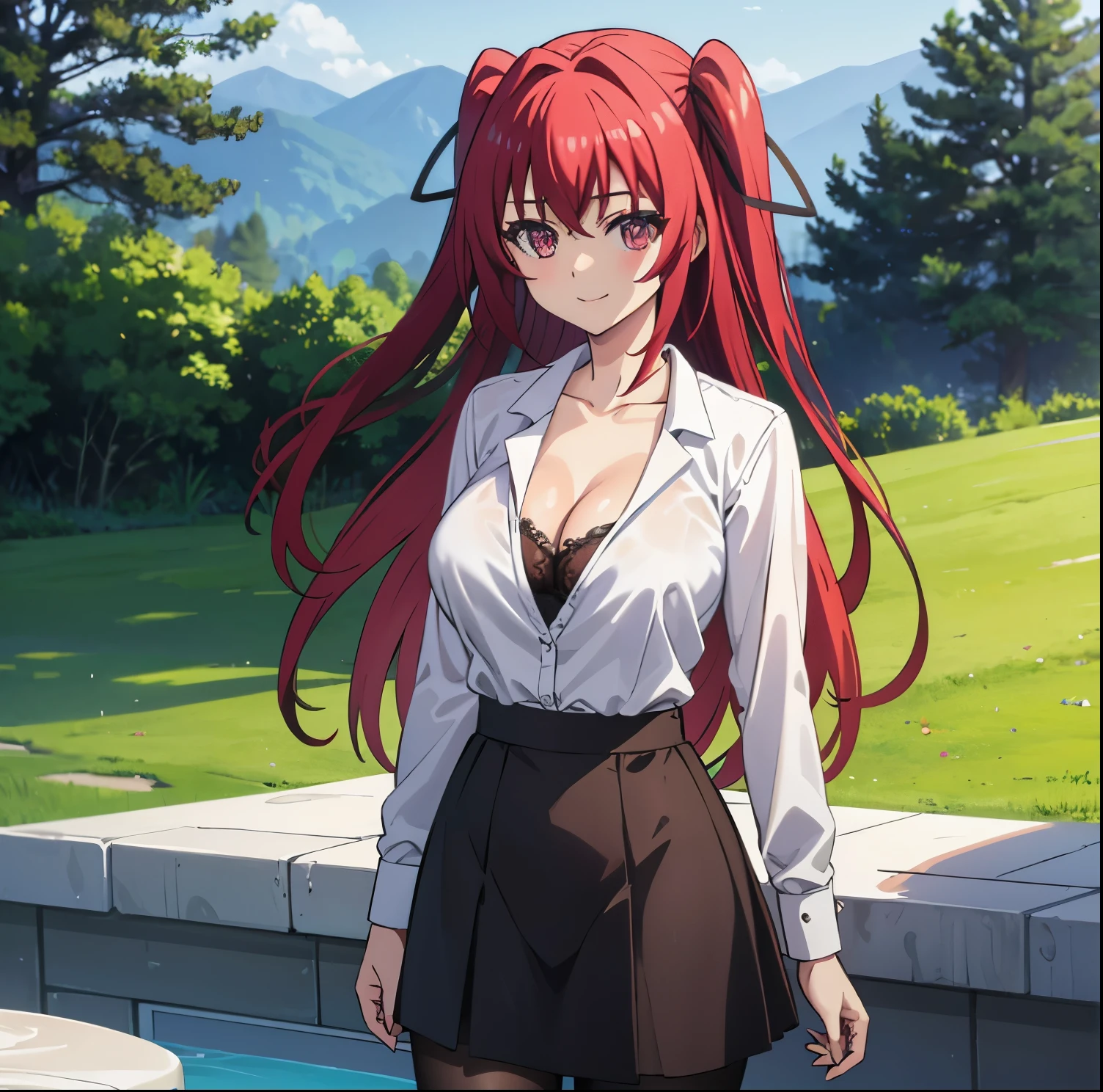 Best quality, 1girl, alone, mio naruse, (hair_down: 1.3), length_hair, Right_hair, white shirt, cleavage, short black skirt, black pantyhose, looking at viewer, open shirt, red bra with black lace, Right, red_hair, eyes red, low cut, seductive, smiling, big breasts, medium waist, wide hips, medium thighs, perfect anatomy, perfect hands