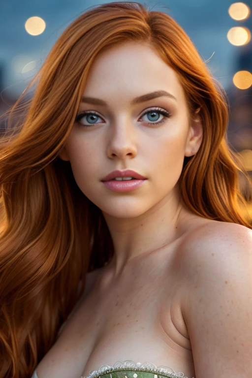 (close-up editorial photo of 25 yo woman, ginger hair, slim American sweetheart), (freckles:0.8), (lips parted), realistic green eyes, (catchlight in eyes), POV, realistic, film grain, 25mm, f/1.2, dof, bokeh, beautiful symmetrical face, perfect sparkling eyes, well defined pupils, high contrast eyes, ultra detailed skin, skin pores, vellus hair, fabric stitching, fabric texture, wood grain, stone texture, finely detailed features, ((background new york city at (night)))