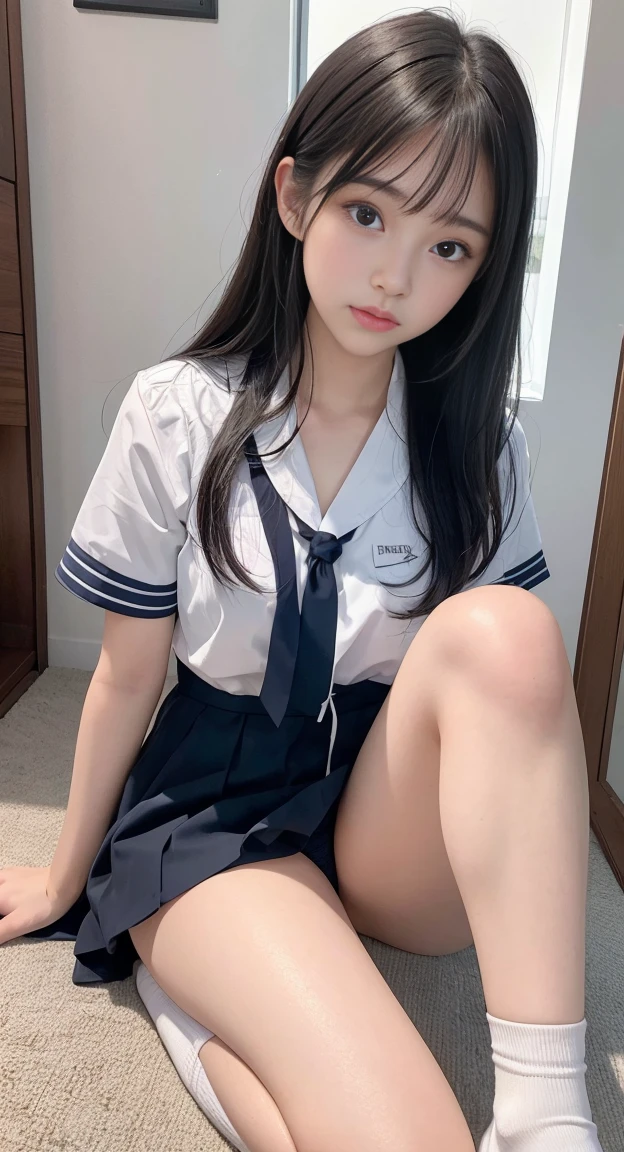 ((highest quality、In 8K、masterpiece:1.3, Photoreal:1.3,))。((looking at the viewer)), {{{White ribbed panties:1.2}}}, Japanese high school girl, 1 female, black haired, With bangs, ((socks, Narrow thighs, M-shaped legs)), girl&#39;s room、japanese uniform, baby face, With a round face, Highly detailed face and skin texture, detailed eye, detailed lips、Very detailed hair depiction, bob hair、Pueros face, natural makeup:1.0
