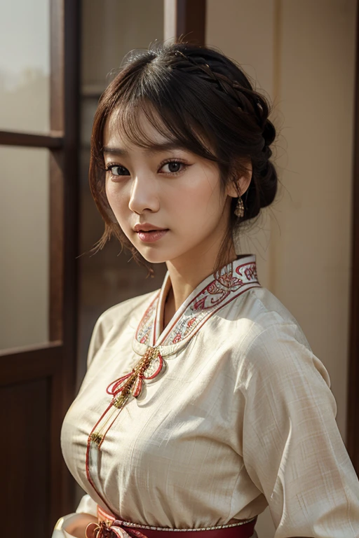 best quality, realistic, Korean woman, pastease, traditional dress, elegant, beautiful detailed eyes, beautiful detailed lips, sophisticated hairstyle, vibrant colors, intricate patterns, delicate texture, oriental charm