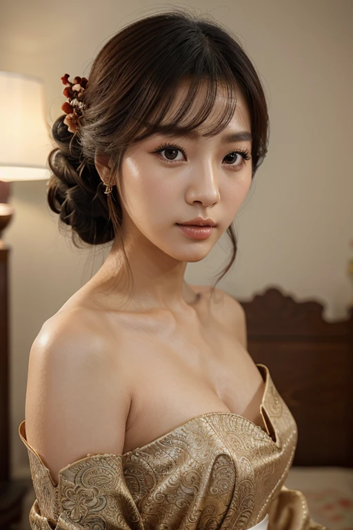 best quality, realistic, Korean woman, pastease, traditional dress, elegant, beautiful detailed eyes, beautiful detailed lips, sophisticated hairstyle, vibrant colors, intricate patterns, delicate texture, oriental charm