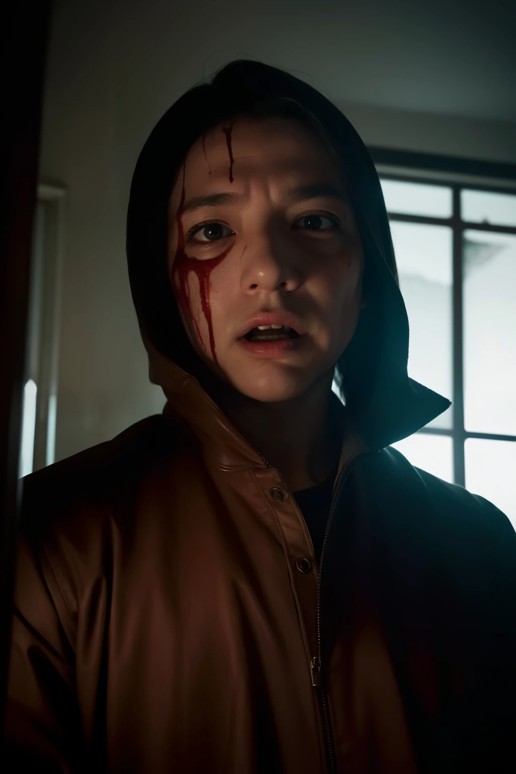 A chilling and surrealistic image of a bloody and bizarre murderer, captured in top-quality, super live-action with a Nikon Z 85mm. The murderer's face, shrouded in the dark and unsettling contrast lighting, reveals a twisted and grotesque expression. His eyes, full of menace and malevolence, gleam in the dimly lit room. The murderer's hands, stained with crimson blood and smeared with grime, hover ominously over the lifeless victim. The room, a chaotic scene of destruction, shows signs of a frenzied struggle. The sharp focus on the murderer's features adds to