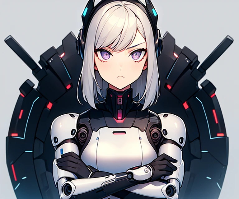 1girl, android, cyborg, mechanical body, doll joints, (pout:0.8), crossed arms, dress, simple background, solo