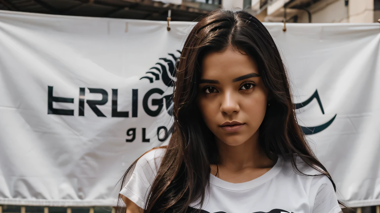 Um banner com um letreiro escrito "SOF.IA" e do lado uma Mulher Branca, Mulher brasileira de 21 anos, medium-sized hair, Cabelo MUITO preto, Cabelo bem ondulado, blusa preta, decote, pale, sombras duras