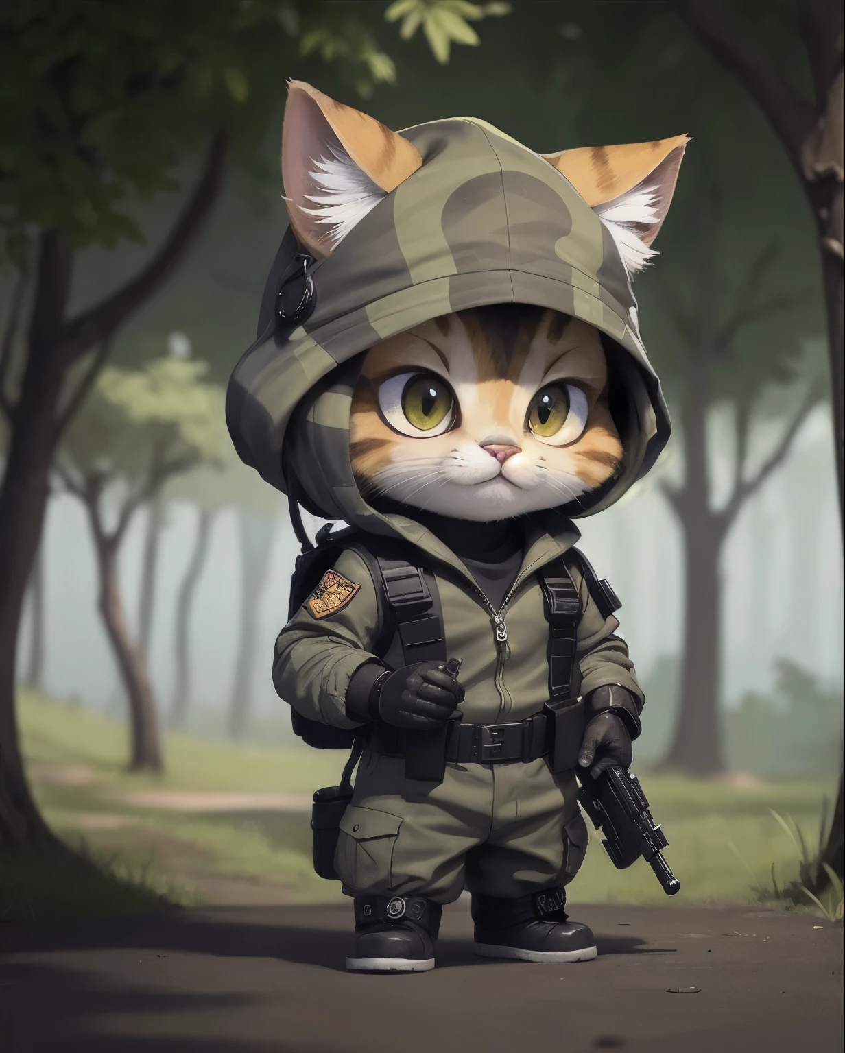 Cat dressed as a vietnam war soldier, holding a machine gun, wearing bandana on his head, black tank top with bullet belt ammo cross his body, camo pant and army boots, inspired by Rambo movie. chibi, standing. background green rainforest.