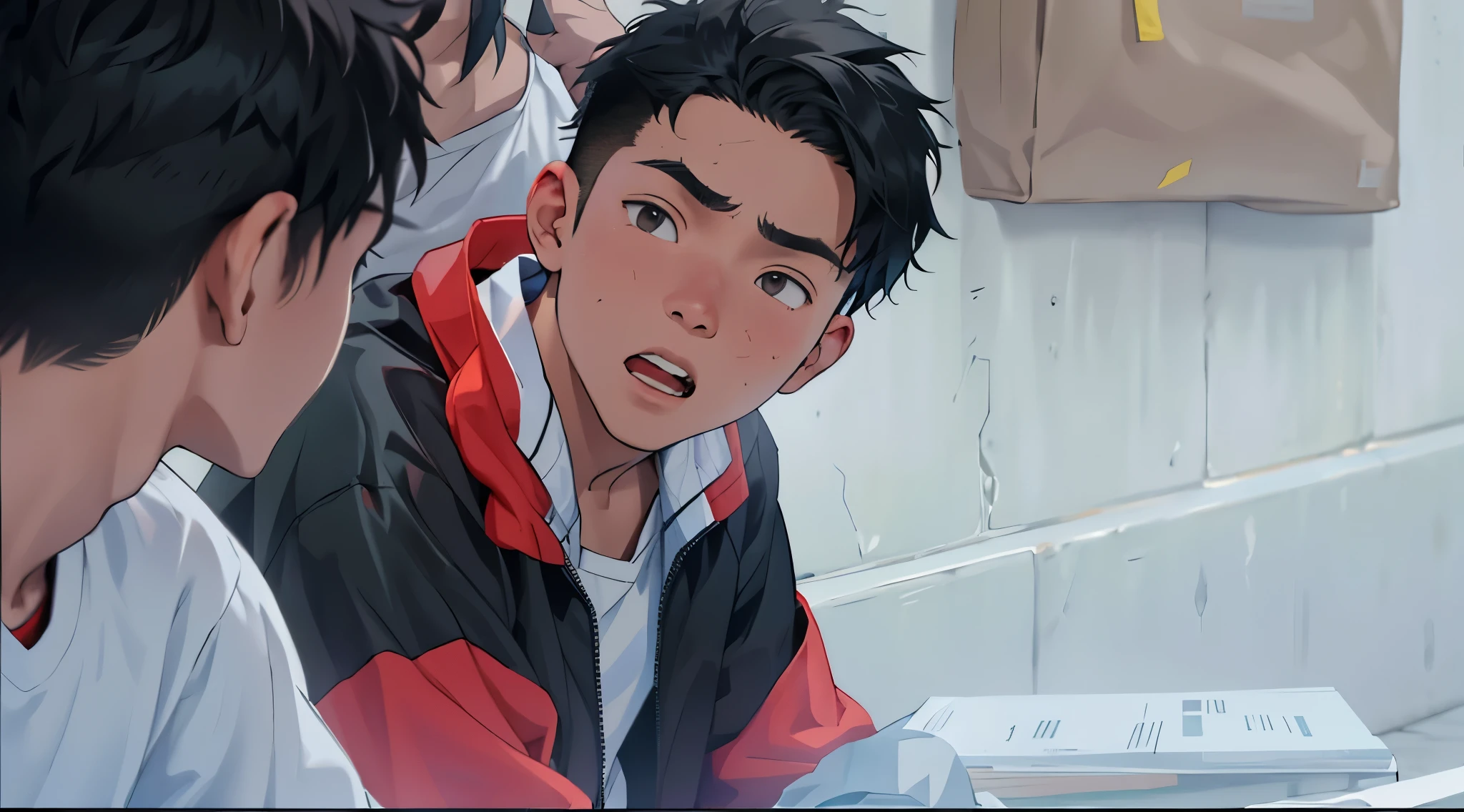 He is talking to his friend, he is talking to him with his mouth open. There are two 15-year-old boys, one sitting next to the other, looking at him. He is talking to him to calm him down. He tells him not to fight.