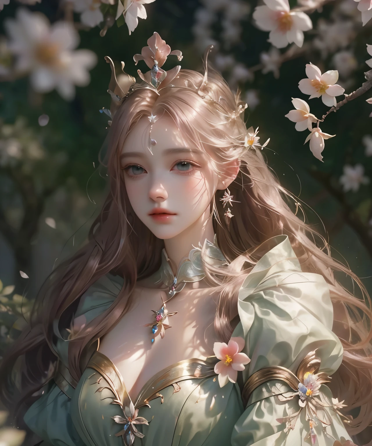 there is a woman，There is a flower in his hair, 3D animation realistic, ((beautiful fantasy queen)), The animations are rich in detail, inspired by plum trees, beautiful fantasy queen, Realistic anime 3D style, 8K high-detail face, The facial details are very rich, Smooth anime CG art, Realistic young anime girl, High-detail facial animation
