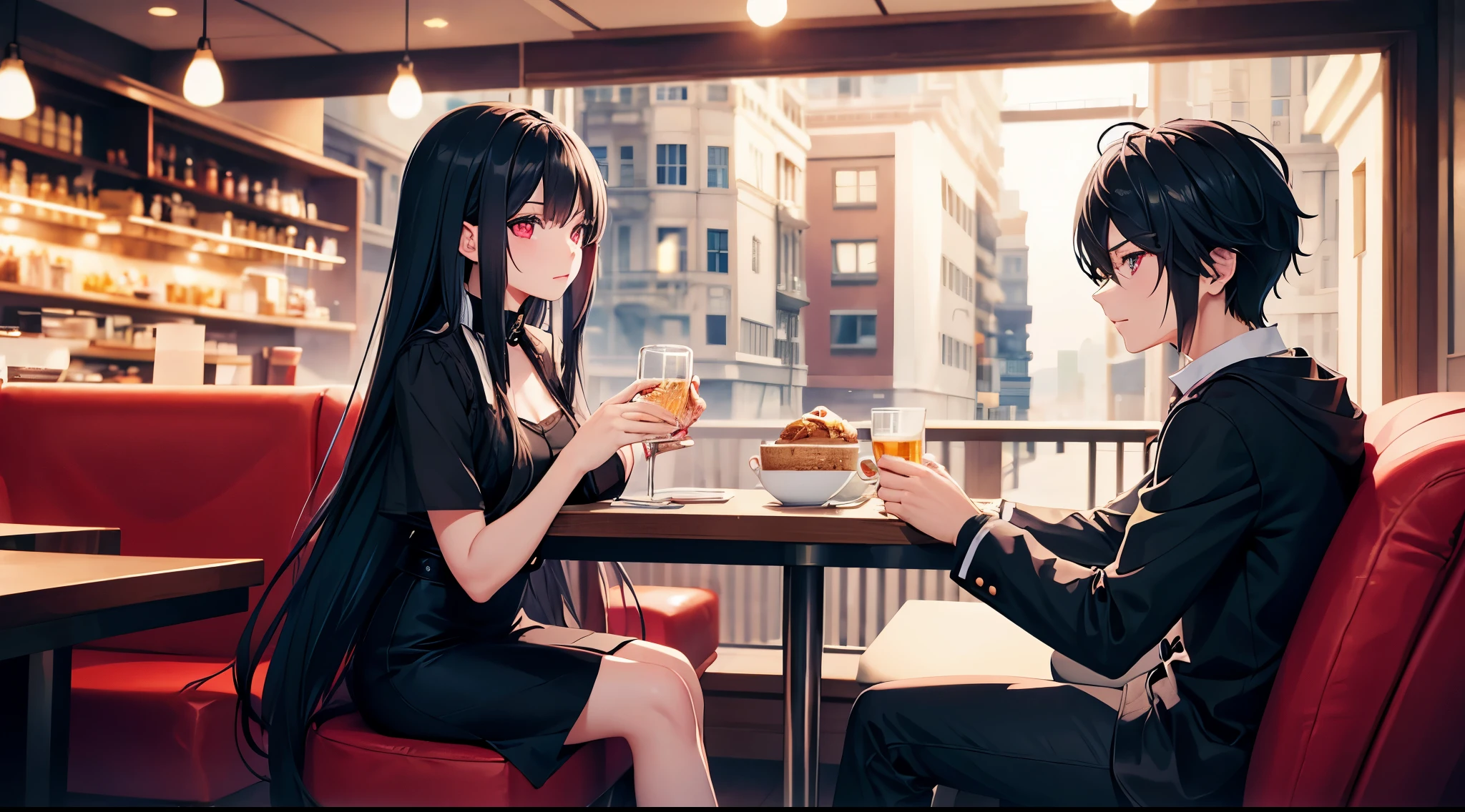 A beautiful girl with long white hair and blue eyes talking to a boy with black hair and red eyes in a cafe. The image is of the best quality, in HD, totally perfect and super detailed