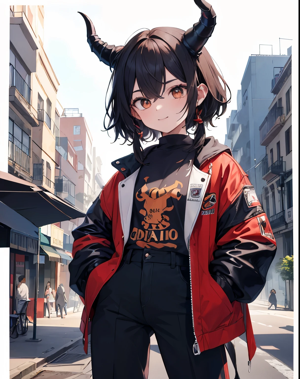 obra de arte,1 garoto,Sozinho,Cabelo longo,cabelo preto do ombro:1.2, demon horns, rua,hand on hip, hand in pocket, clothes there, corpo atraente, olhos pretos, sorriso alegre, segurando sacolas com brinquedos de dinossauro
