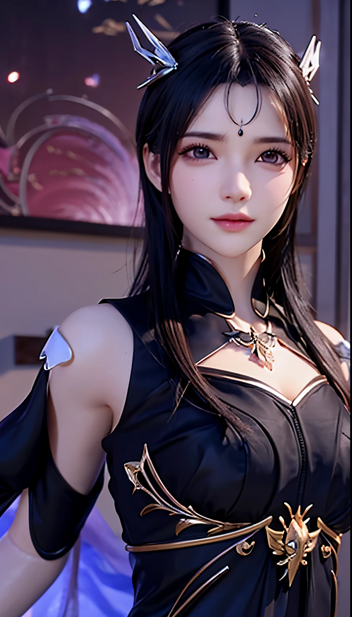 a close-up of a woman dressed in black posing for a photo, Artgerm; 3D Unreal Engine, smooth anime CG art, 8K high quality detail art, 3D rendered character art 8K, extremely detailed art, portrait knight of zodiac girl, fantasy art style, 2. 5 D CGI Anime Fantasy Art, Gothic Shoujo Anime Girl, ((Need for Beauty)), ((Feminine and Sexy)), ((Perfect Face)), ((Delicate Facial Features)), ((Beautiful Eyes, Meticulous Depiction, Close-up)), ((Pointed Nose))