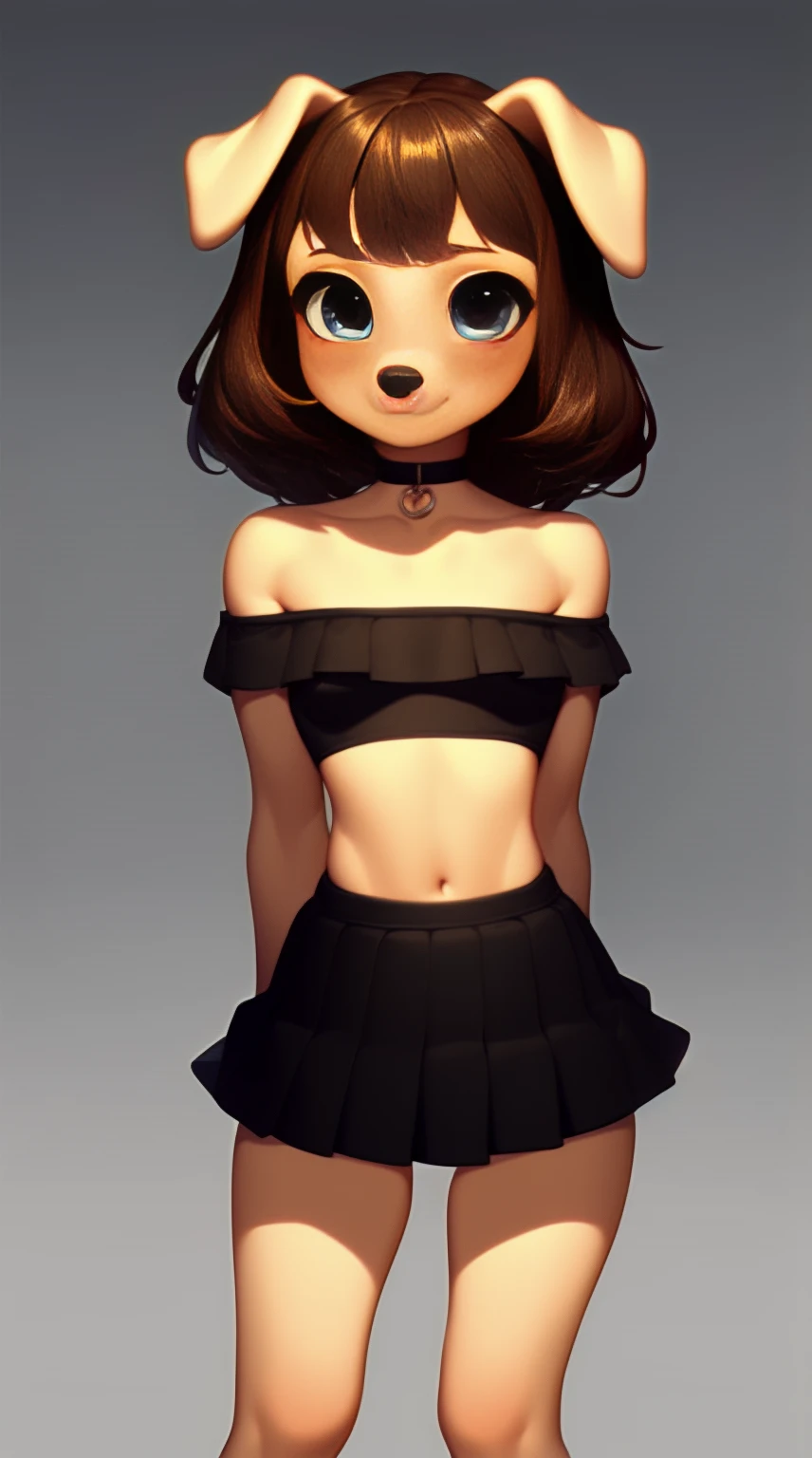 (score_9), (source_ derpibooru_p_95), ((cute anthro dog :1.1)), (shoulderless top, cute skirt, choker), blushing, nervous, solo, long brown hair, bangs, anatomically correct, flat chest , high res, extremely detailed, adorable, ribs, hip bones, young, arms behind body,
