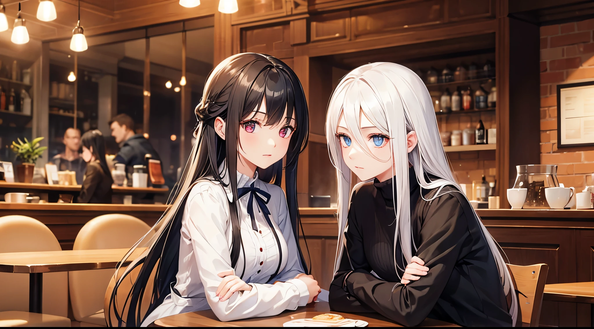 A beautiful girl with long white hair and blue eyes talking to a boy with black hair and red eyes in a cafe. The image is of the best quality, in HD, totally perfect and super detailed 