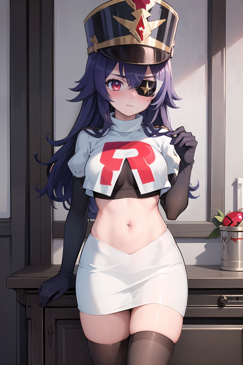 ((masterpiece,best quality)), 1girl, chevreuse, shako cap, eyepatch, blush, team rocket,team rocket uniform,white skirt,red letter R,crop top,black thigh-highs,black elbow gloves