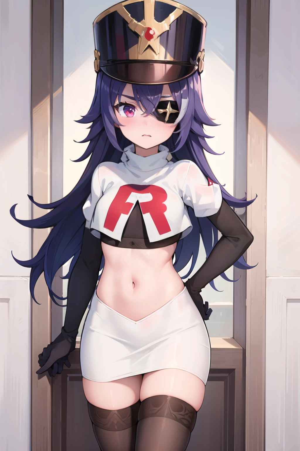 ((masterpiece,best quality)), 1girl, chevreuse, shako cap, eyepatch, blush, team rocket,team rocket uniform,white skirt,red letter R,crop top,black thigh-highs,black elbow gloves