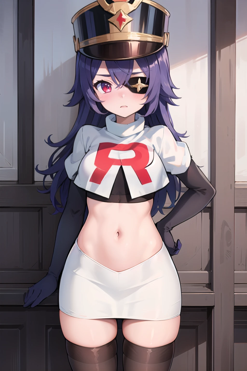 ((masterpiece,best quality)), 1girl, chevreuse, shako cap, eyepatch, blush, team rocket,team rocket uniform,white skirt,red letter R,crop top,black thigh-highs,black elbow gloves