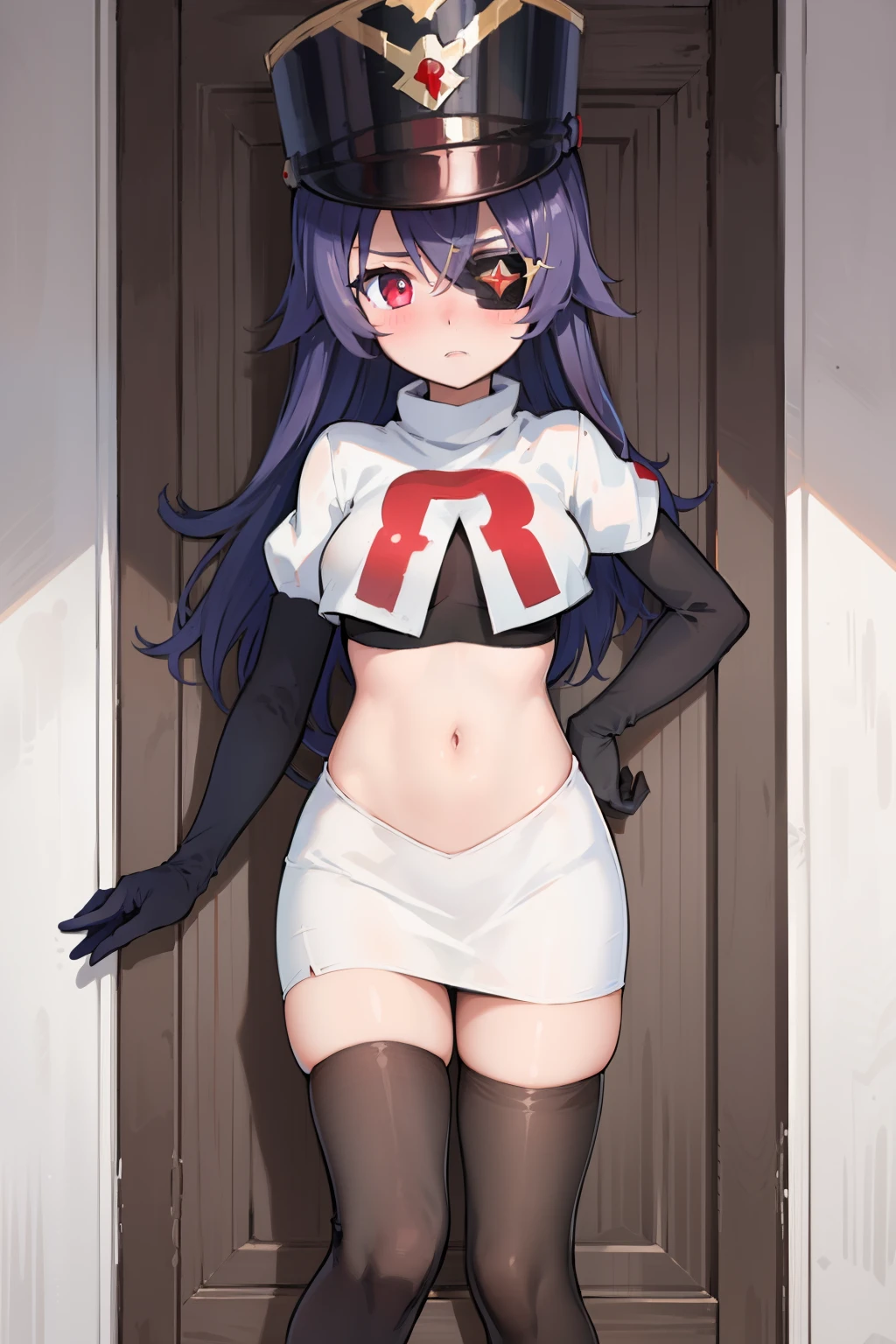 ((masterpiece,best quality)), 1girl, chevreuse, shako cap, eyepatch, blush, team rocket,team rocket uniform,white skirt,red letter R,crop top,black thigh-highs,black elbow gloves